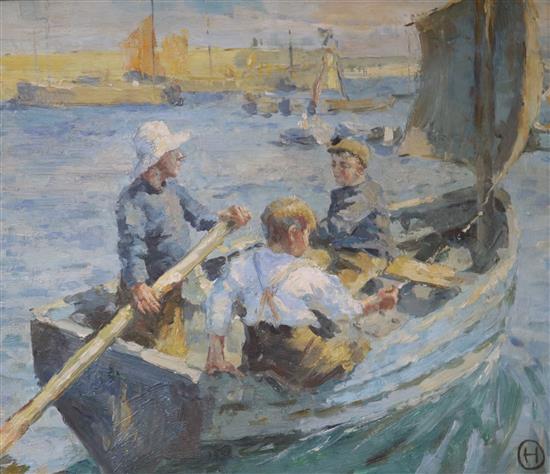 Modern oil on board, after Henry Scott Tuke, fishing boat in a harbour, 31 x 35cm